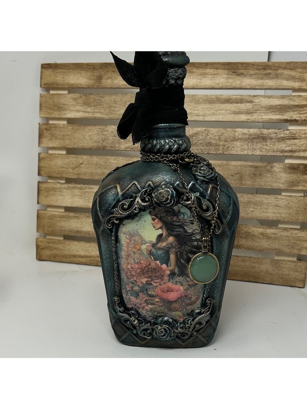 Hand-Painted Decorative Bottle with Floral Fairy Art